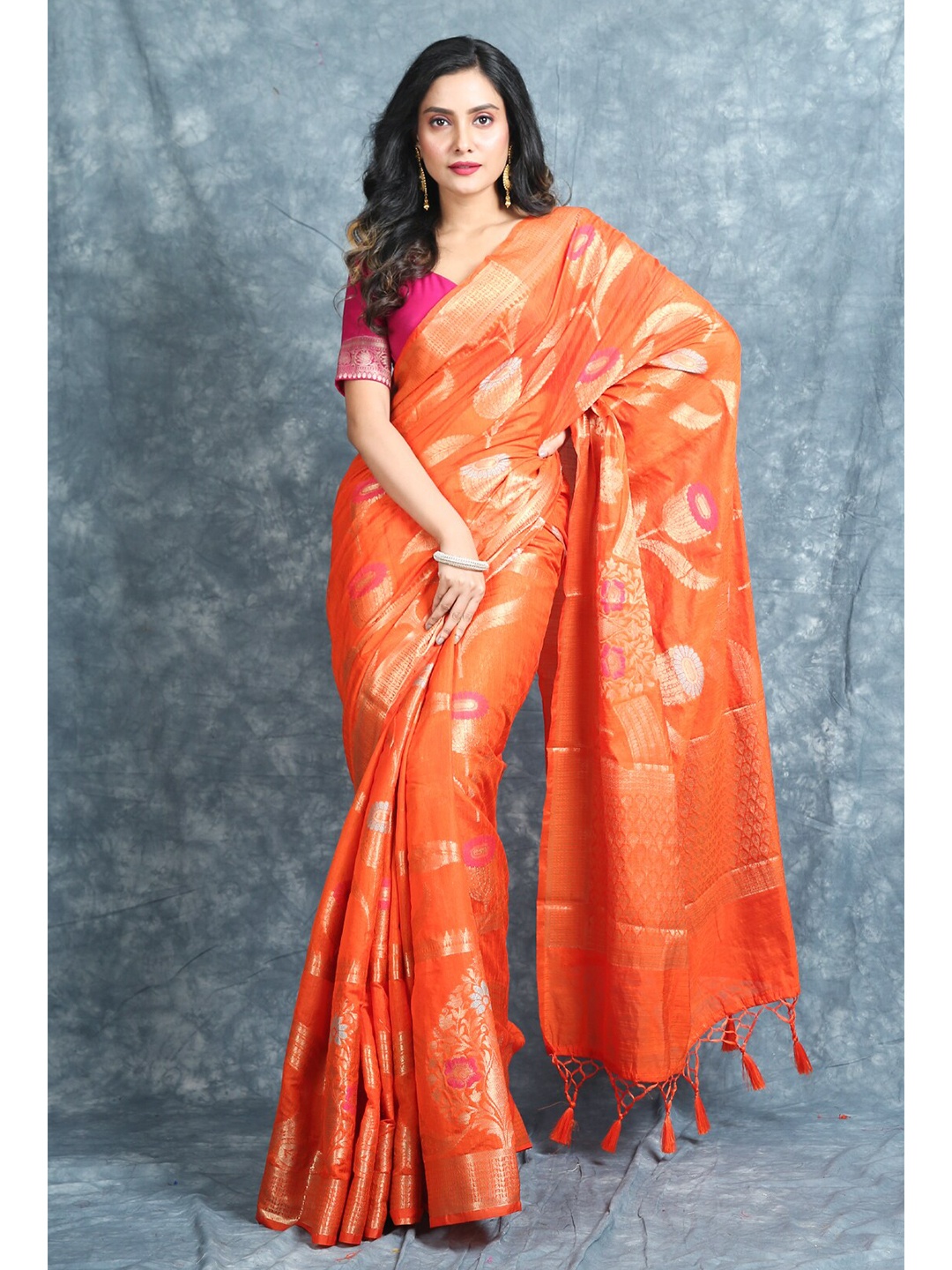 

Charukriti Orange & Gold-Toned Woven Design Zari Pure Silk Saree