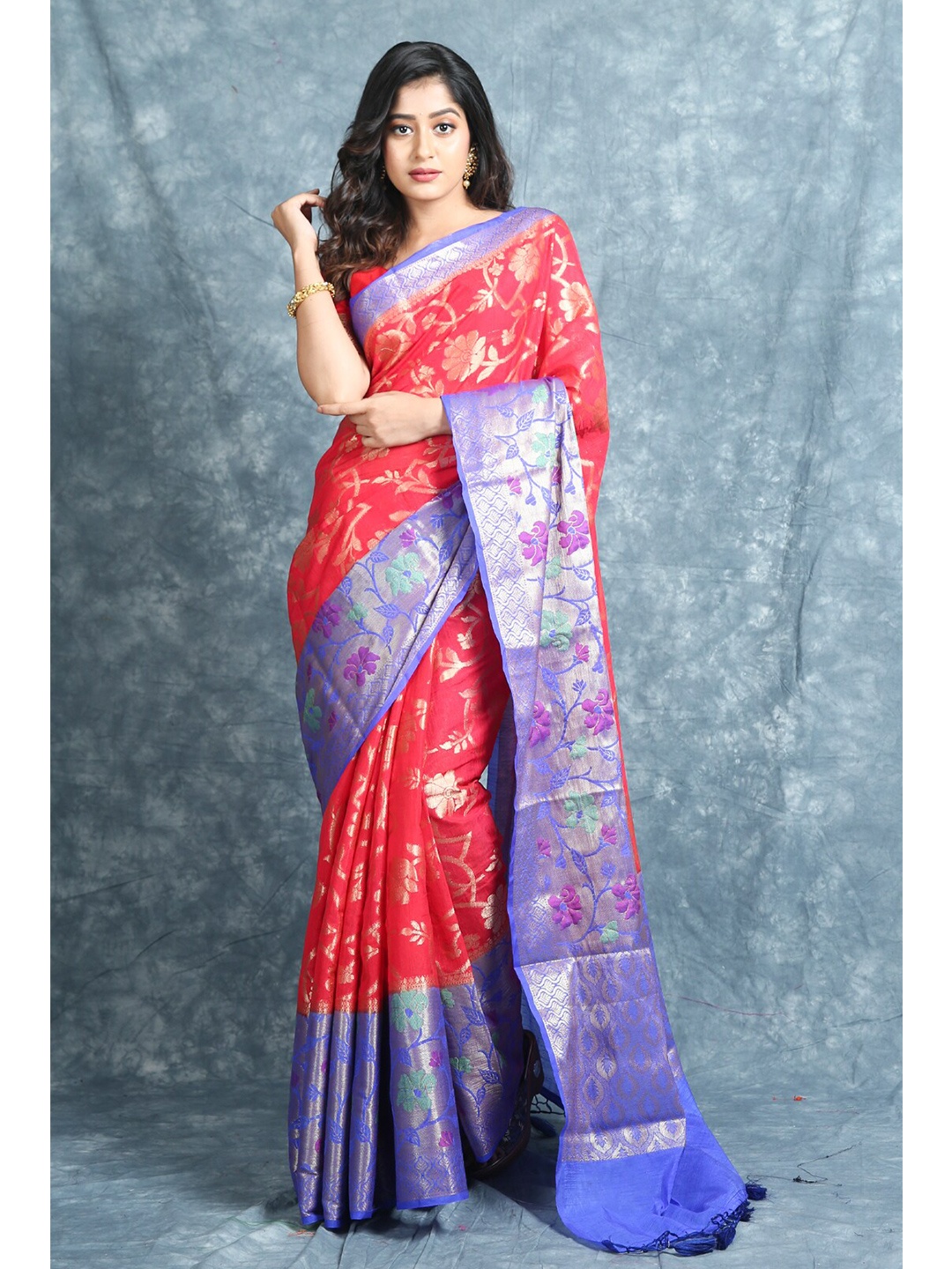 

Charukriti Red & Blue Ethnic Motifs Woven Design Saree