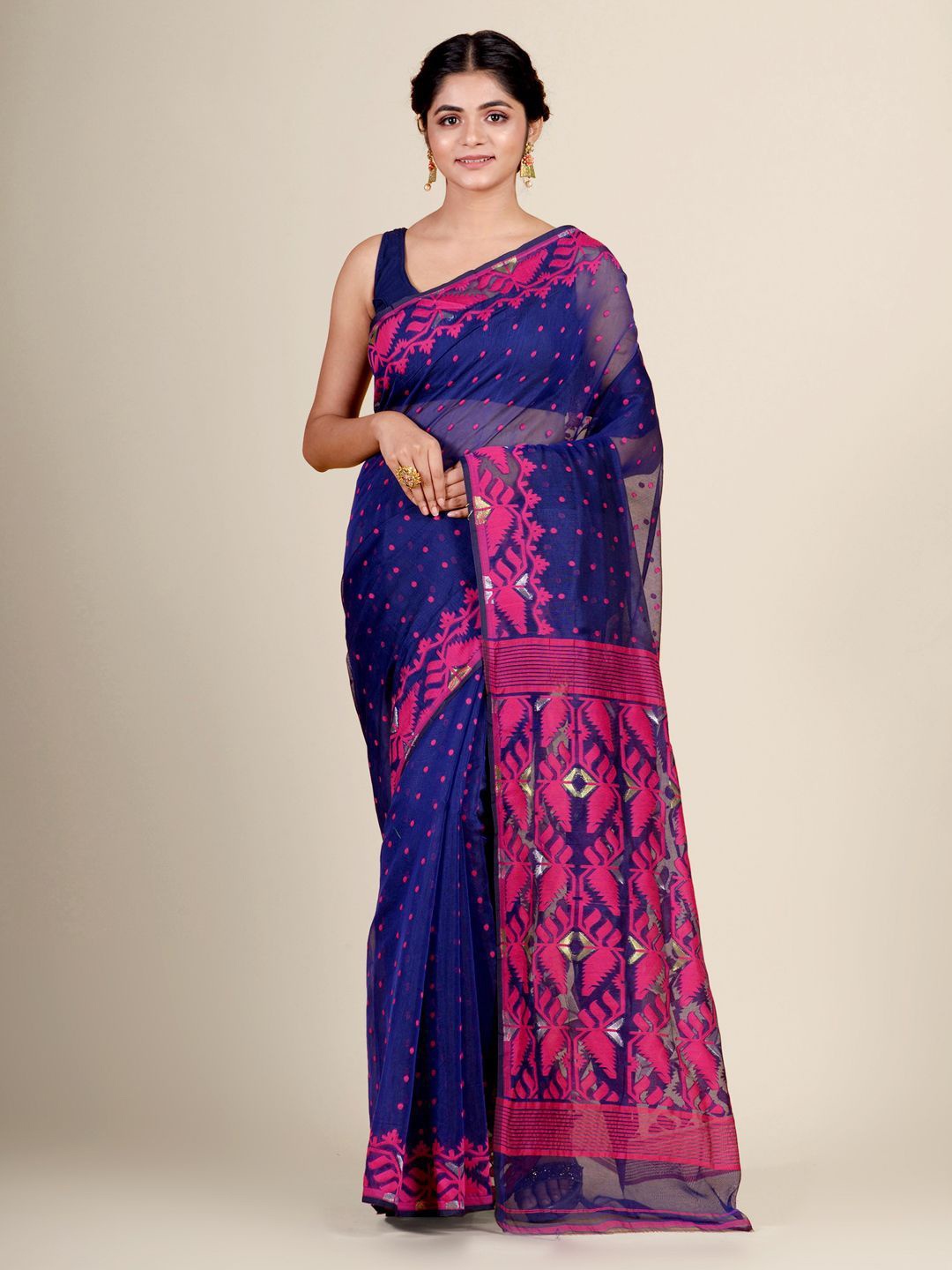 

Charukriti Blue & Fuchsia Ethnic Motifs Silk Cotton Jamdani Saree