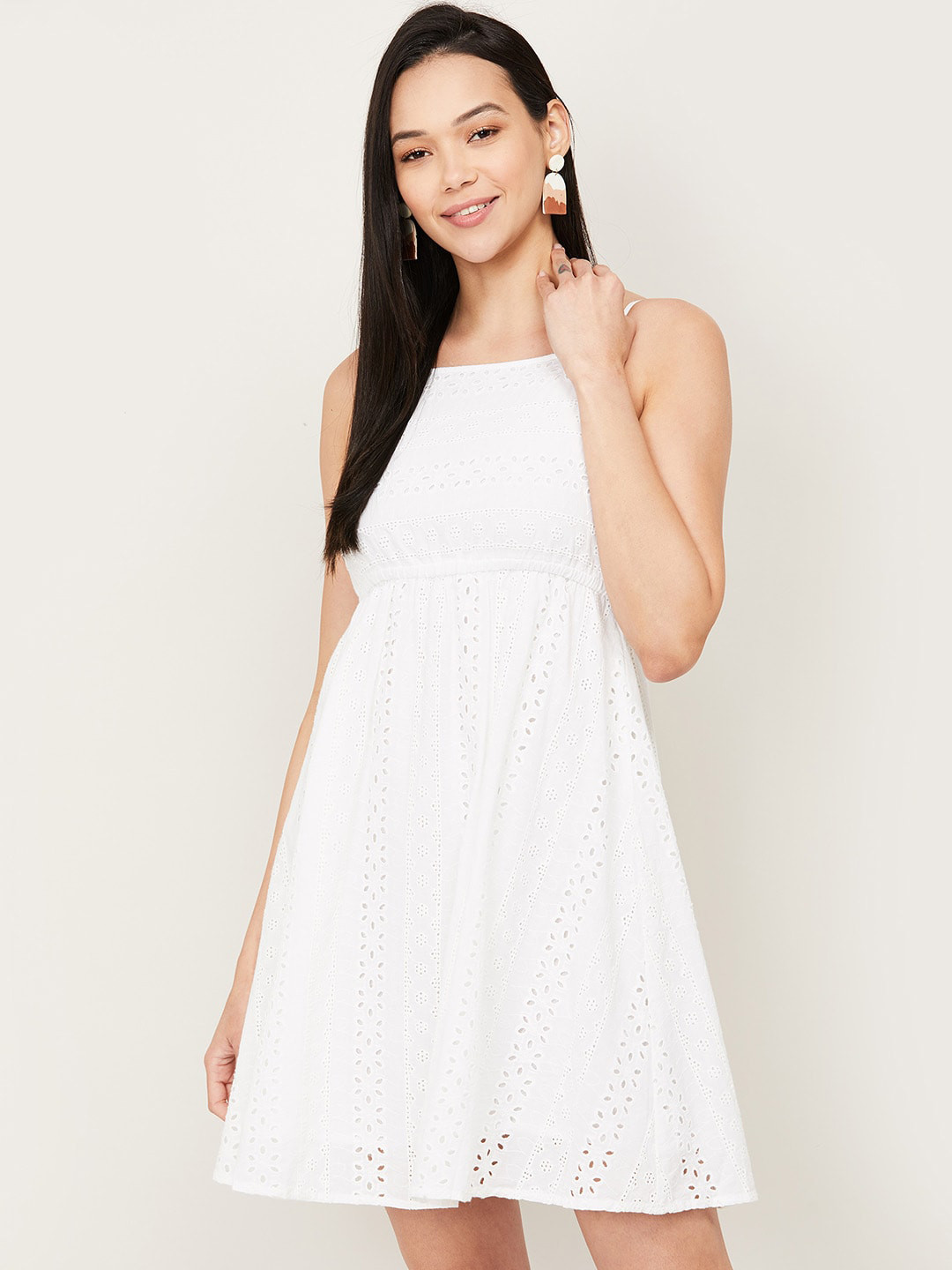 

Ginger by Lifestyle Women White Schiffli Fit & Flare Organic Cotton Dress