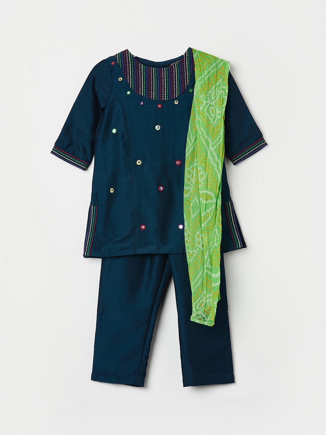 

Melange by Lifestyle Girls Navy Blue Mirror Work Chanderi Cotton Kurta with Dupatta