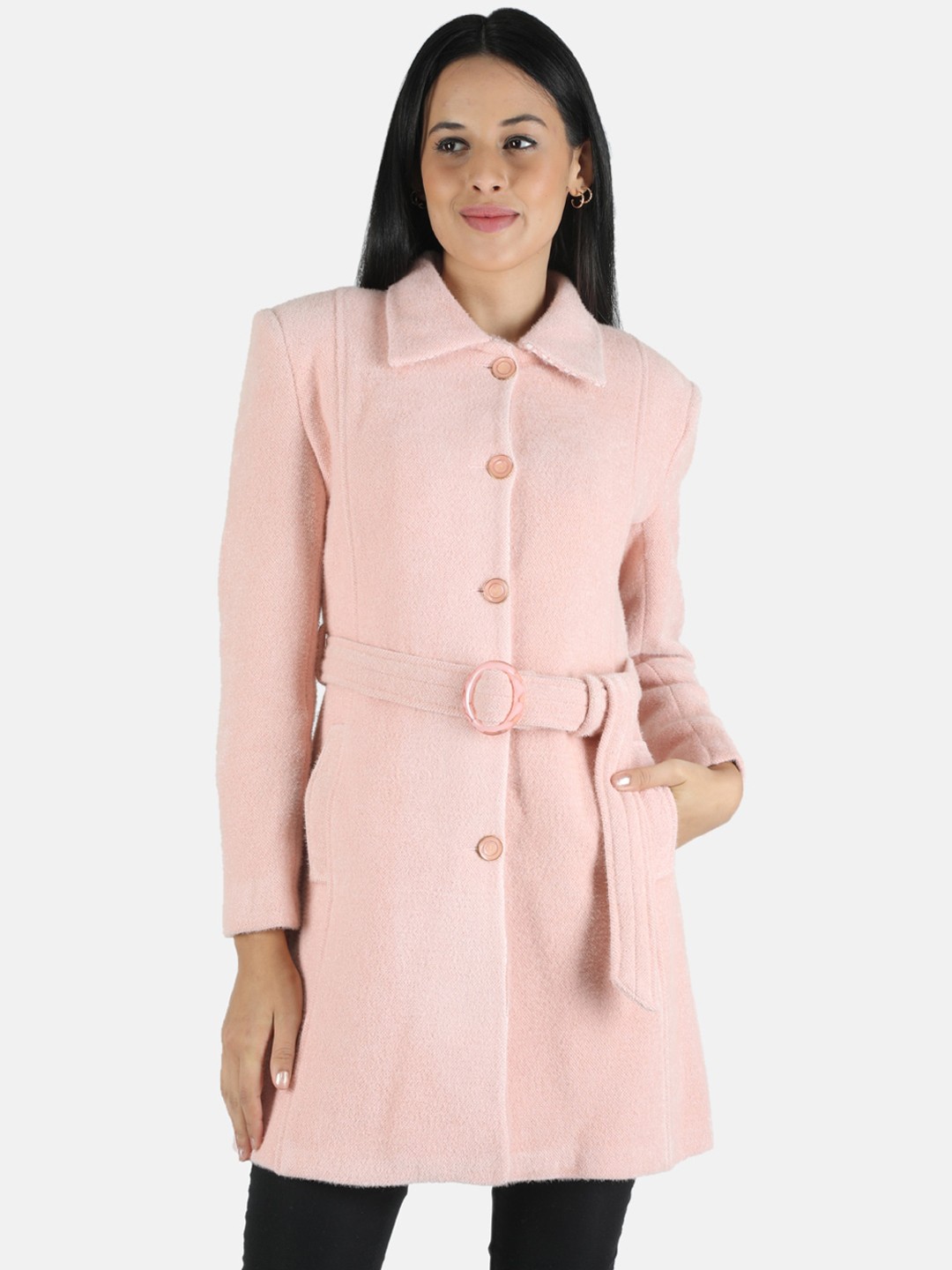 

Monte Carlo Women Pink Solid Cotton Single-Breasted Overcoat
