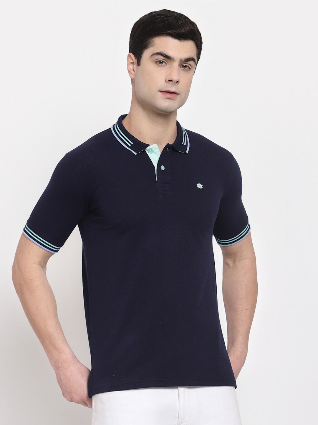 

Allen Cooper Men Navy Blue & Green Solid Polo Collar T-shirt