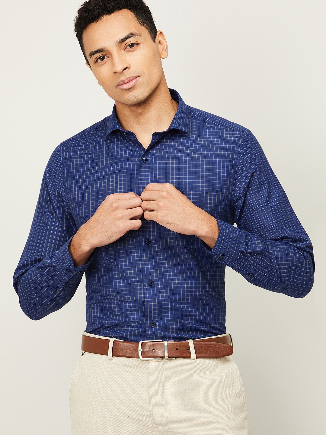 

CODE by Lifestyle Men Navy Blue Slim Fit Grid Tattersall Checks Checked Formal Shirt