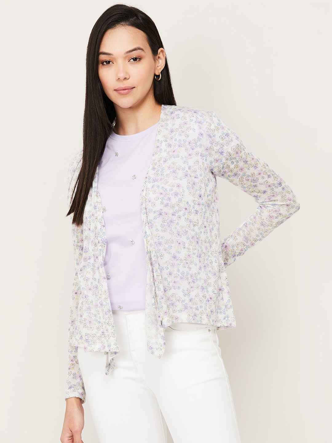 

CODE by Lifestyle Women Off White & Blue Printed Shrug