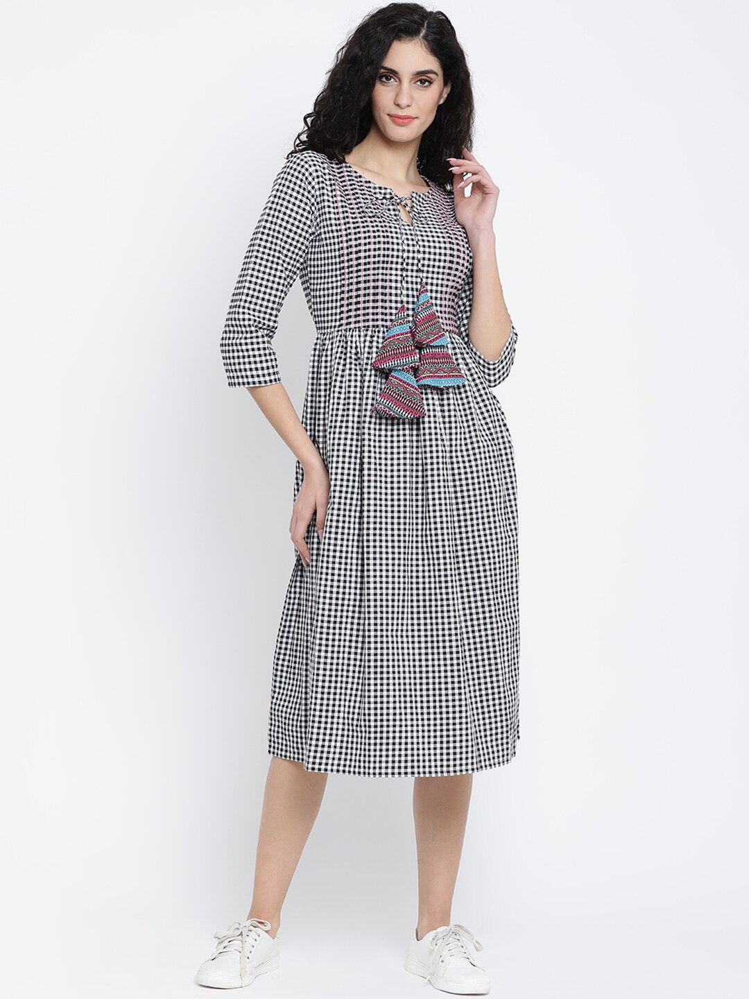 

FABNEST Women Black & White Checked A-Line Midi Dress