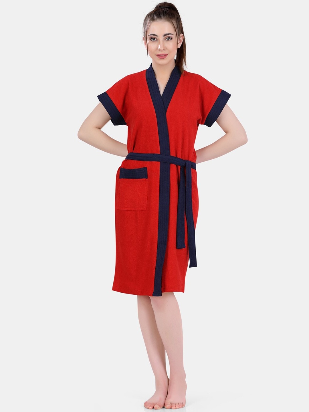 

POPLINS Women Red & Black Solid Bath Robe
