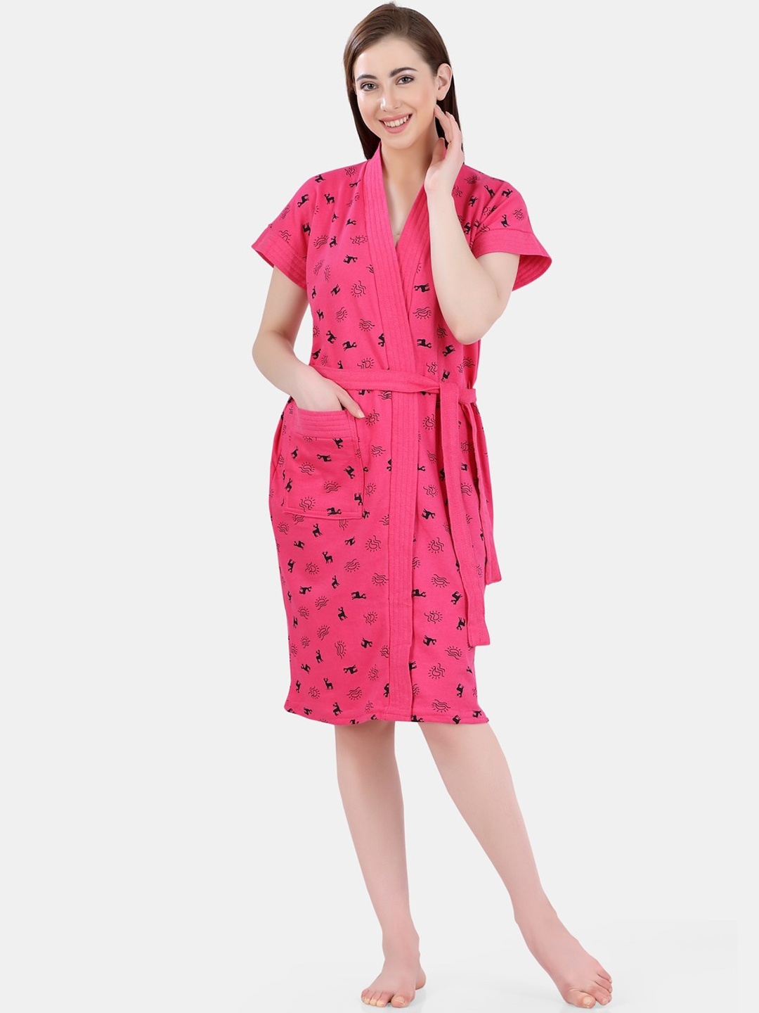 

POPLINS Women Pink & Black Printed Bath Robe