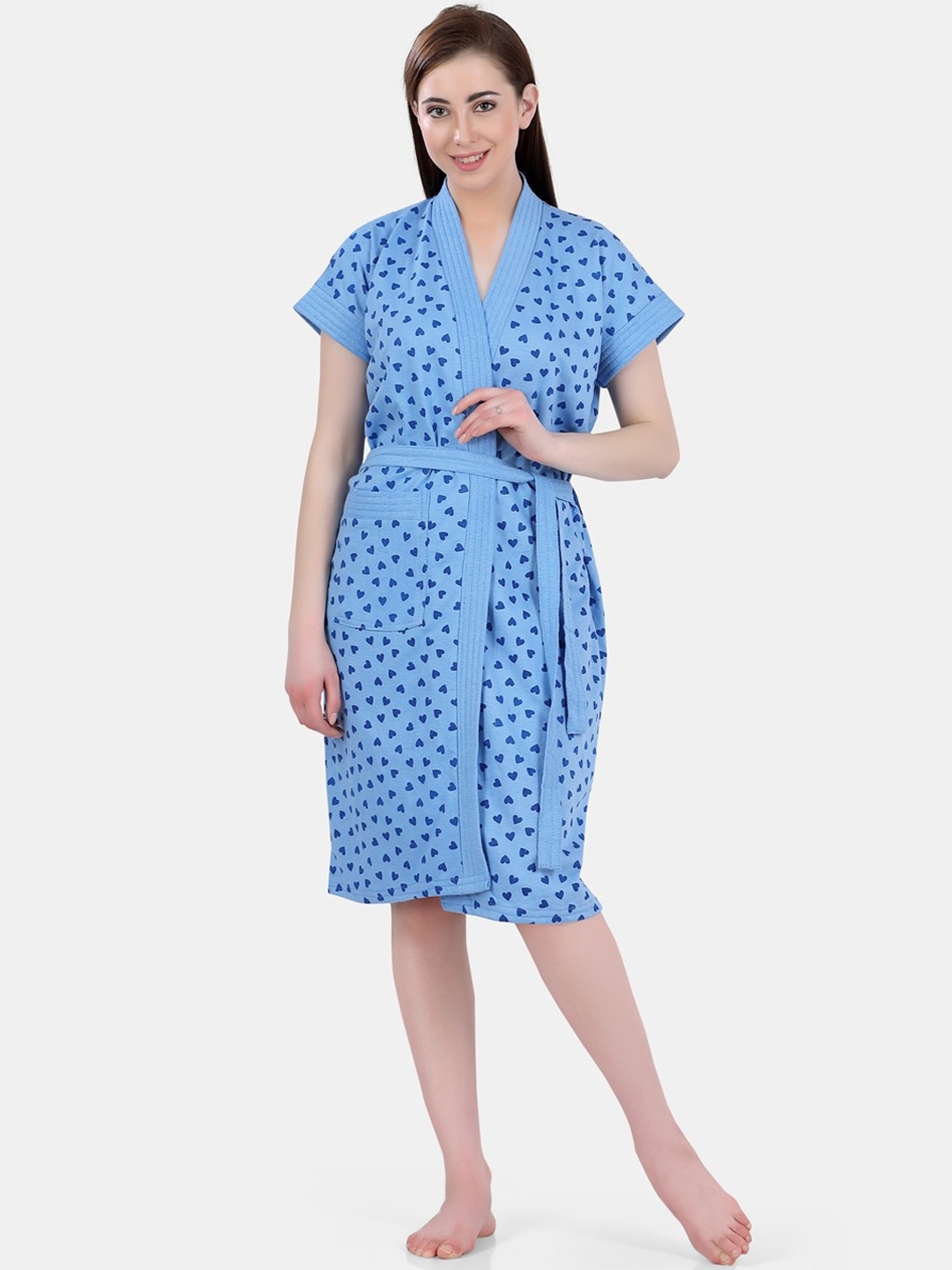 

POPLINS Women Blue & Black Printed Bath Robe