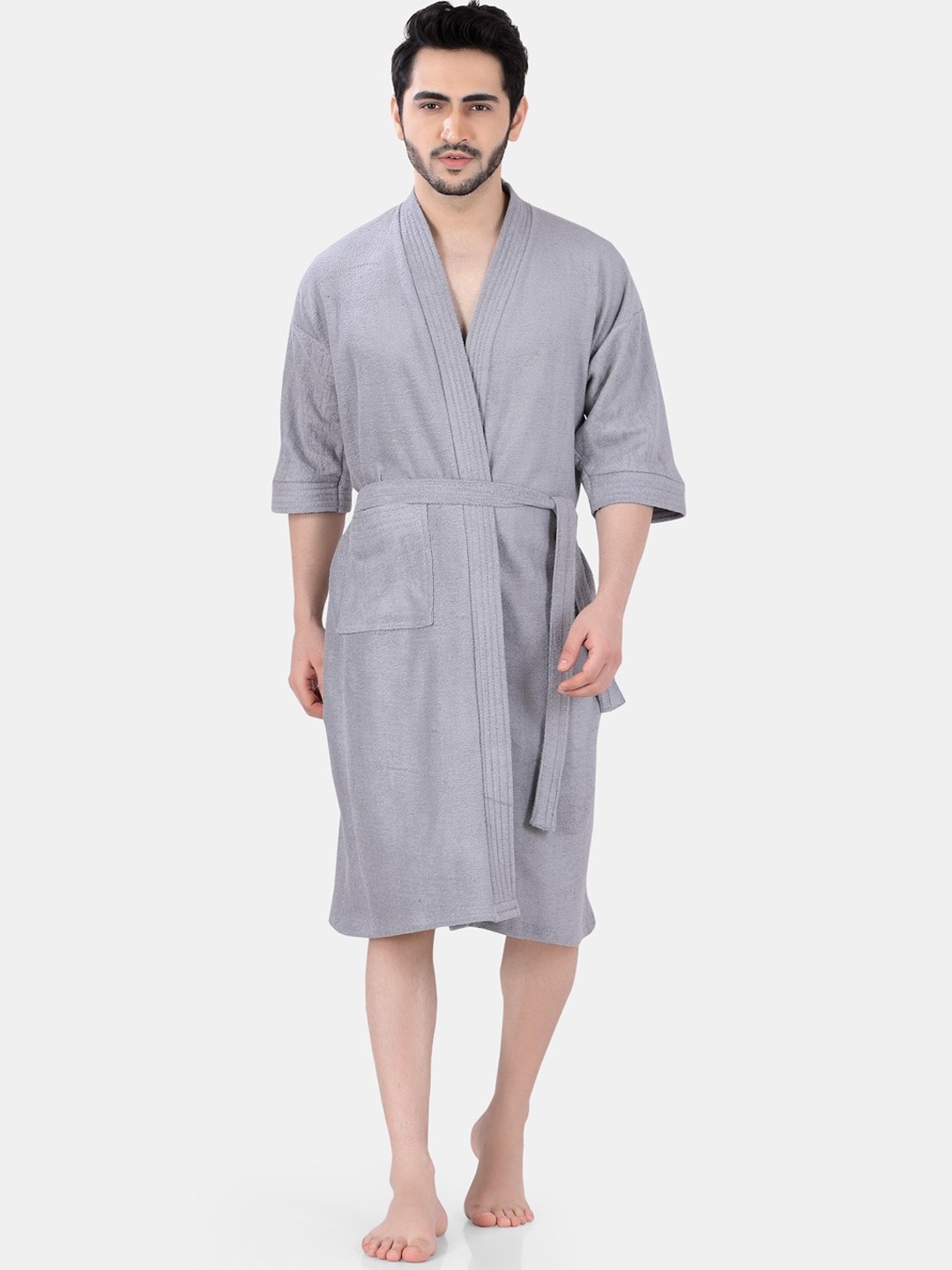 

POPLINS Men Grey Solid Front Open Bath Robe