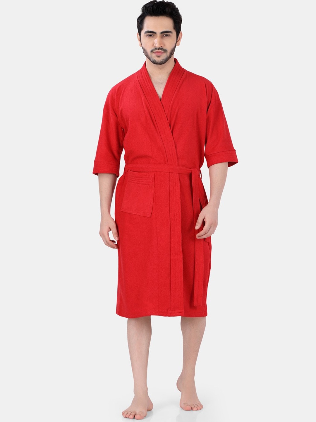 

POPLINS Men Red Solid Front Open Bath Robe