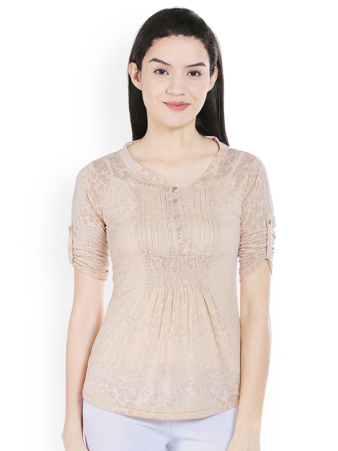 

Style Quotient Women Beige Printed Semi-Sheer Top