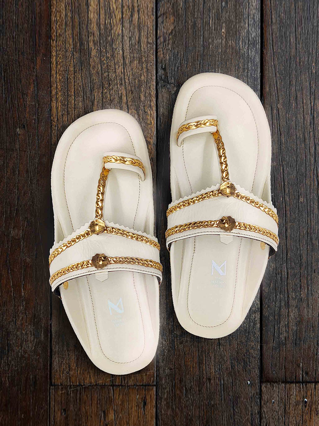 

THE MADRAS TRUNK Men White & Gold Textured T-Strap Kolhapuri Flats with Laser Cuts