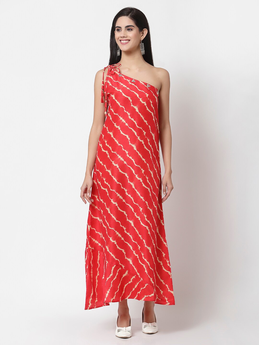 

Myshka Red Printed One Shoulder Maxi Dress