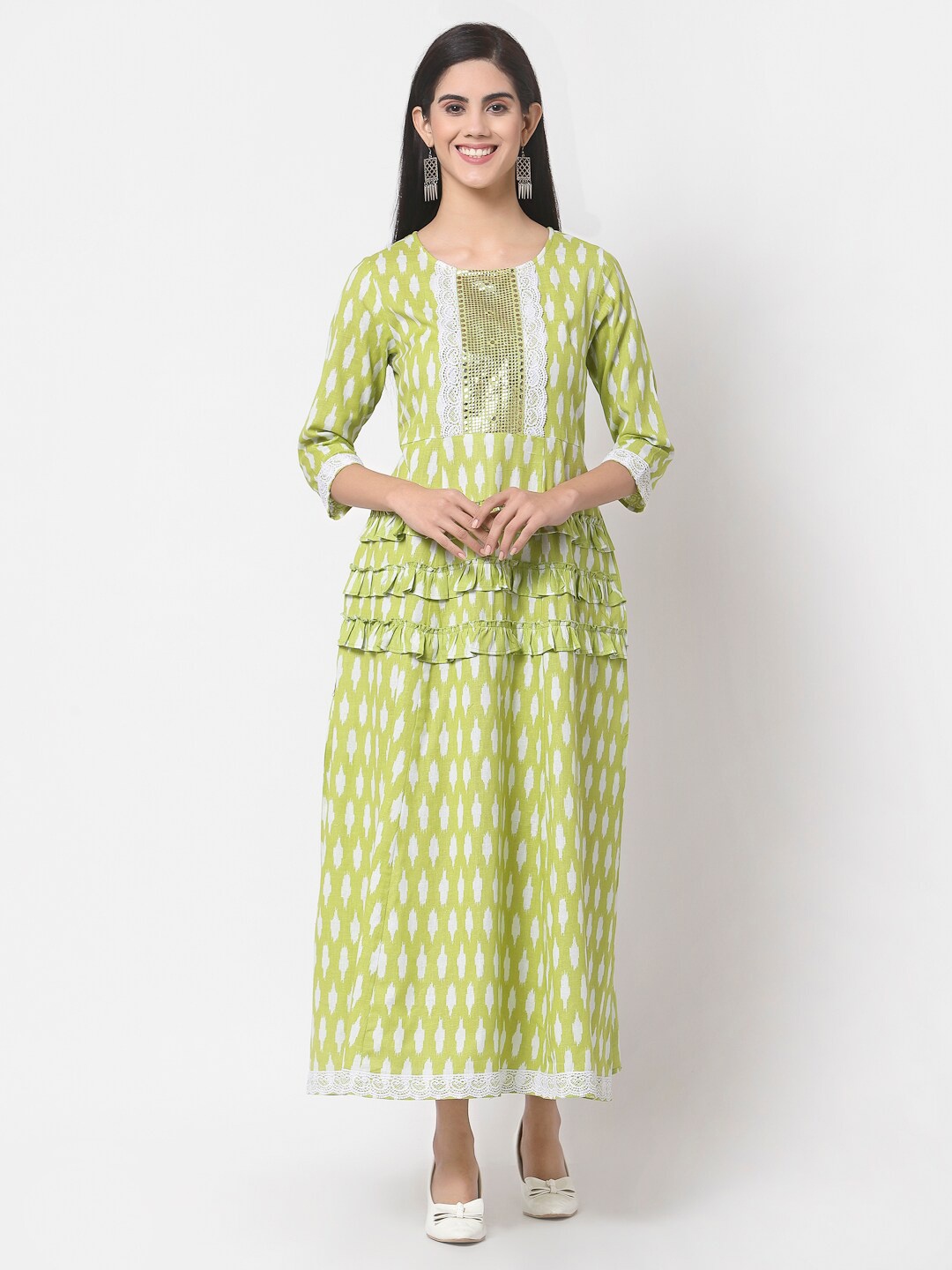 

Myshka Green Ethnic Motifs Ethnic Pure Cotton Maxi Dress