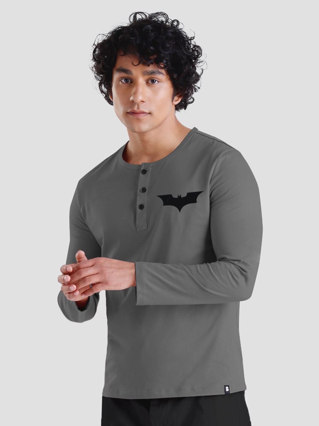 

The Souled Store Men Grey Batman Printed Henley Neck Cotton Regular Fit T-shirt