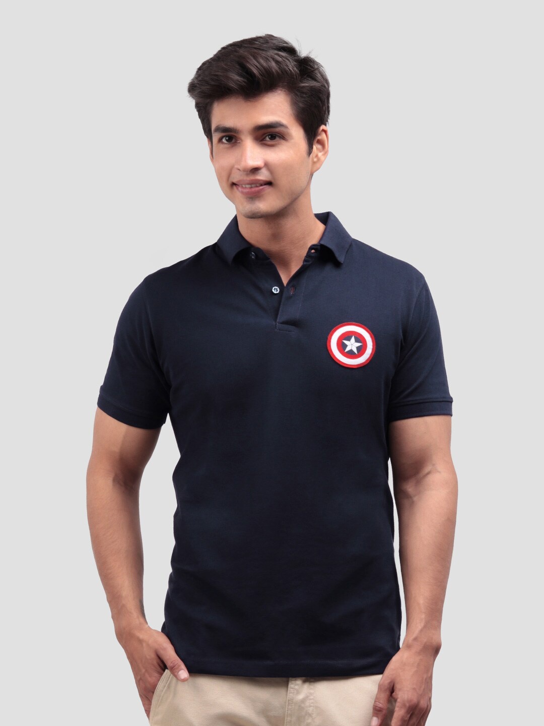 

The Souled Store Men Blue Captain America Polo Collar Regular Fit Cotton T-shirt