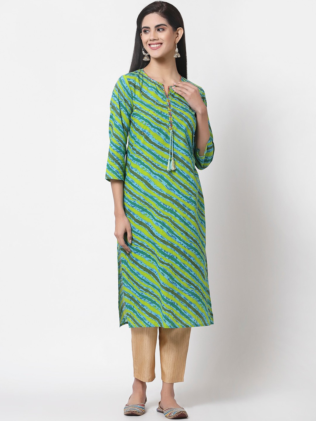 

Myshka Women Green Leheriya Printed Cotton Kurta