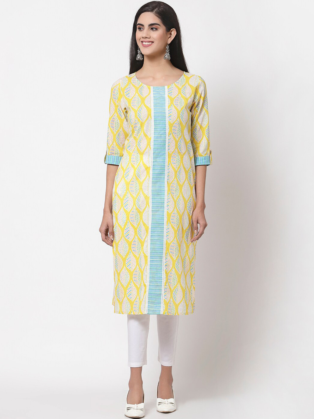 

Myshka Women Yellow & Blue Ethnic Motifs Printed Kurta