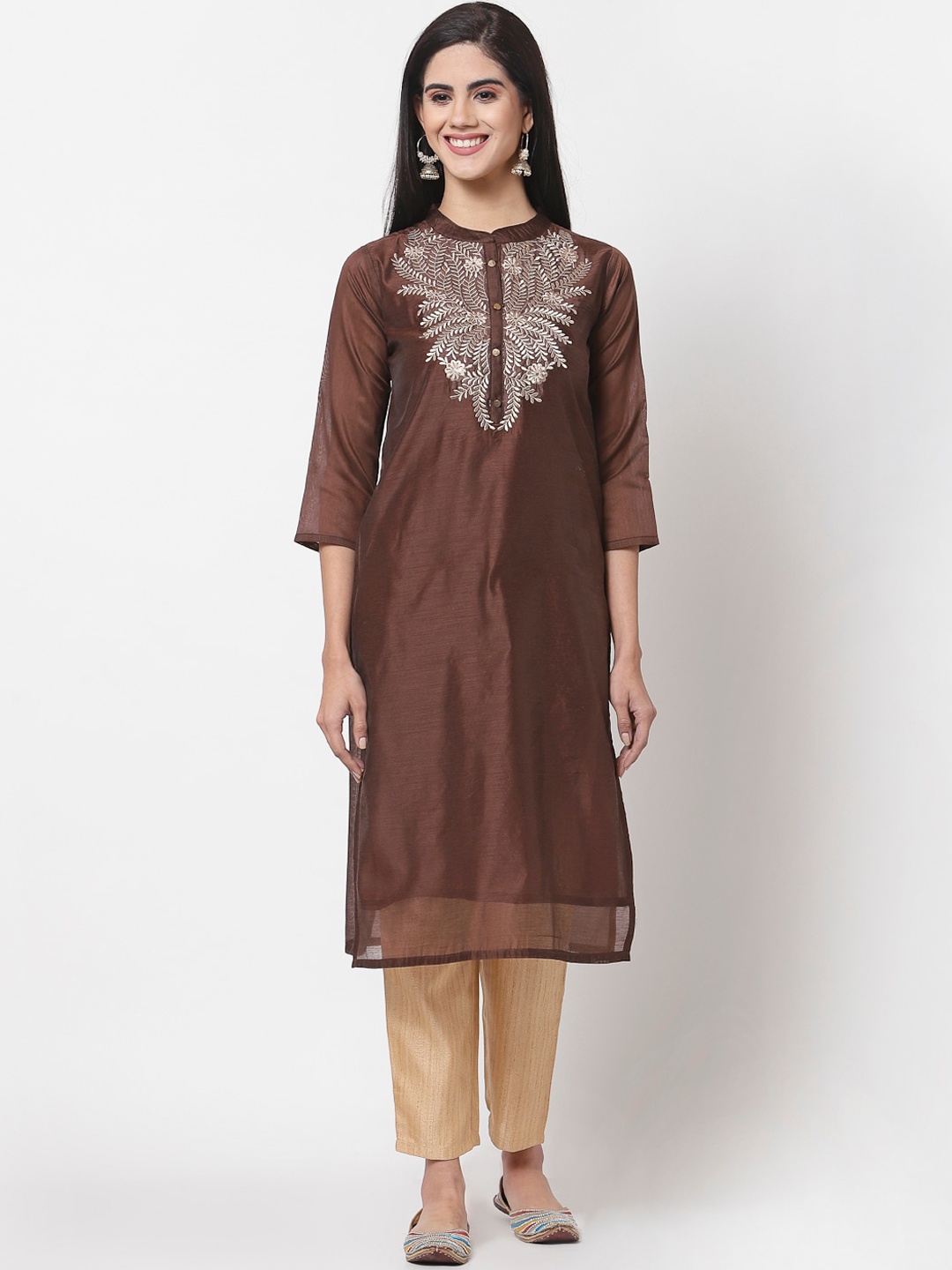 

Myshka Women Maroon Yoke Design Thread Work Chanderi Silk Chanderi Silk Kurta