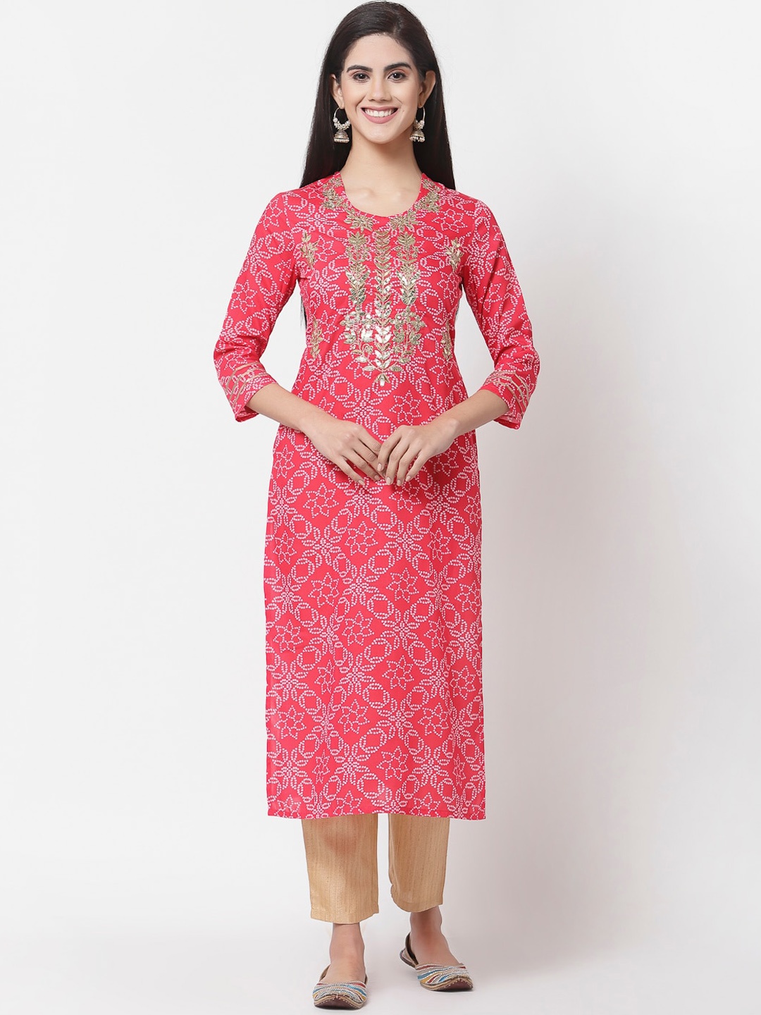 

Myshka Women Red Bandhani Yoke Design Thread Work Kurta