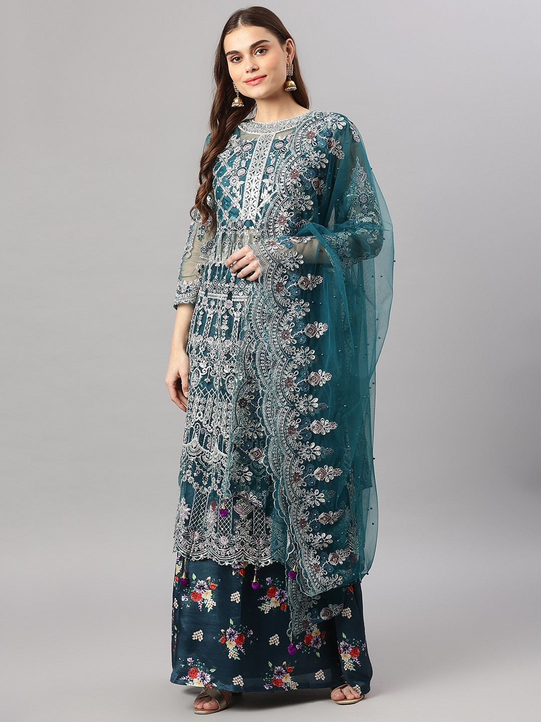 

Readiprint Fashions Teal Blue & Silver-Toned Embroidered Anarkali Dress Material