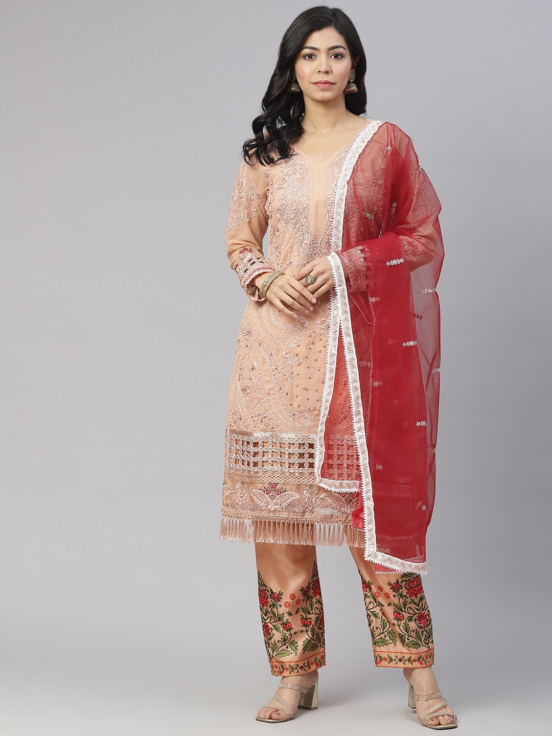 

Readiprint Fashions Peach-Coloured & Maroon Embroidered Unstitched Dress Material