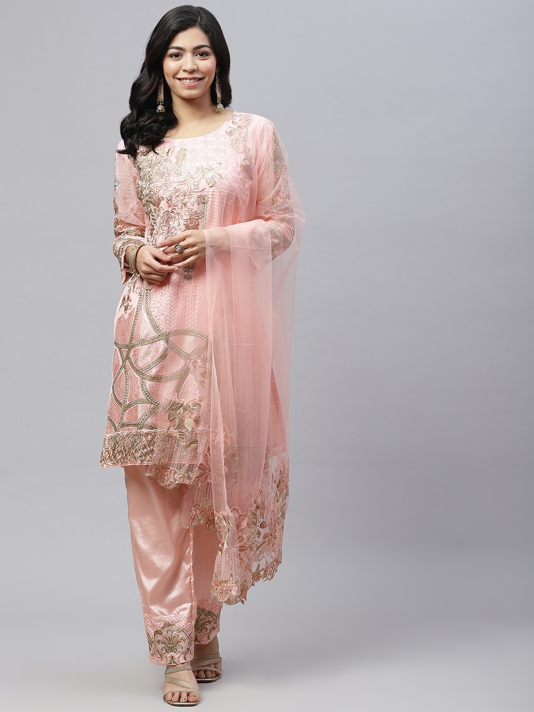 

Readiprint Fashions Peach-Coloured & Beige Embroidered Unstitched Kurta Set Material