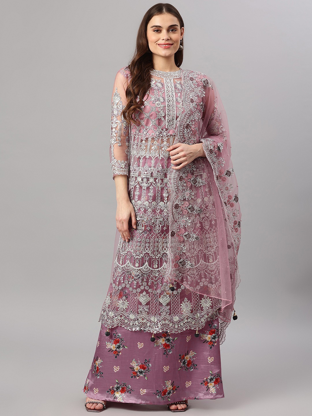 

Readiprint Fashions Mauve & Silver-Toned Embroidered Anarkali Style Dress Material