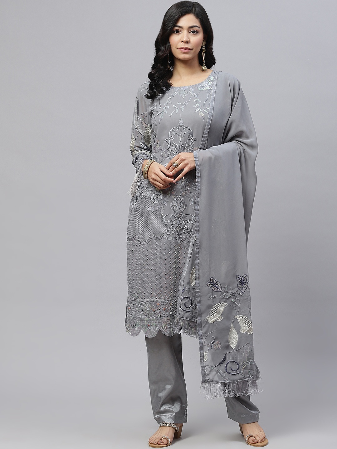 

Readiprint Fashions Women Grey & Silver Embroidered Unstitched Kurta Set Material