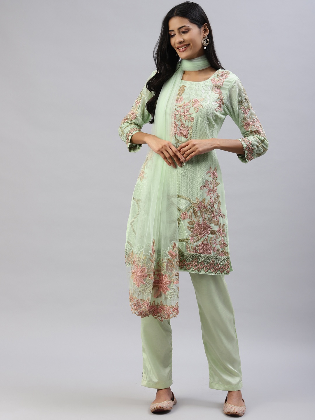 

Readiprint Fashions Green & Peach-Coloured Embroidered Unstitched Dress Material