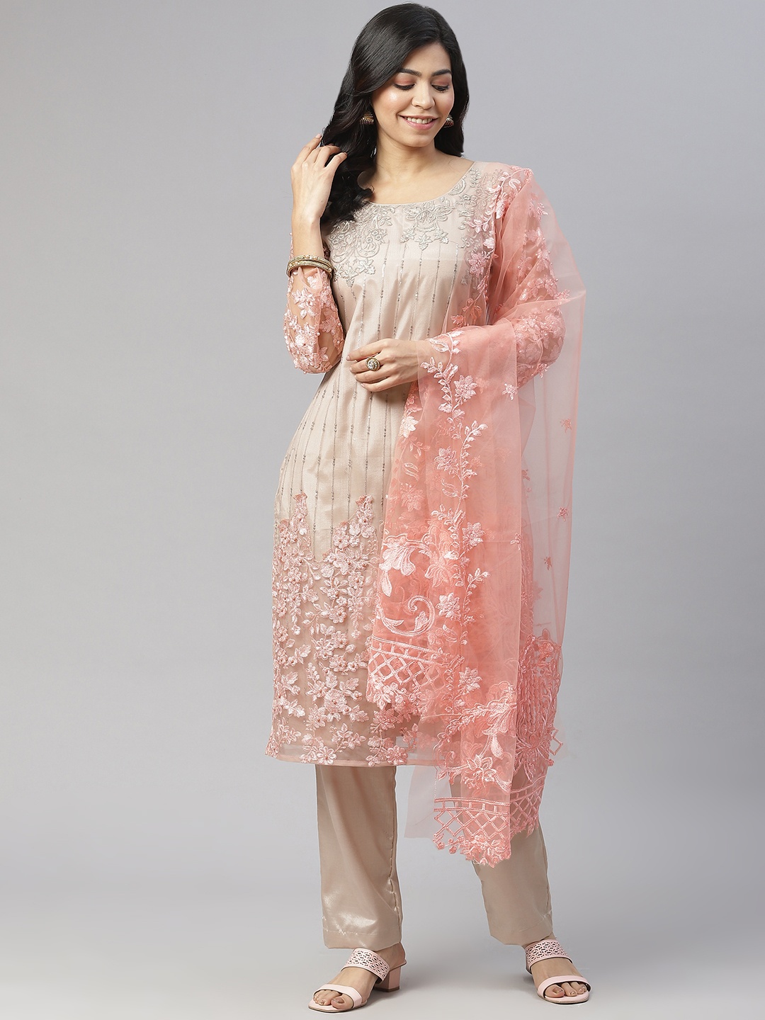 

Readiprint Fashions Beige & Peach-Coloured Embroidered Unstitched Dress Material