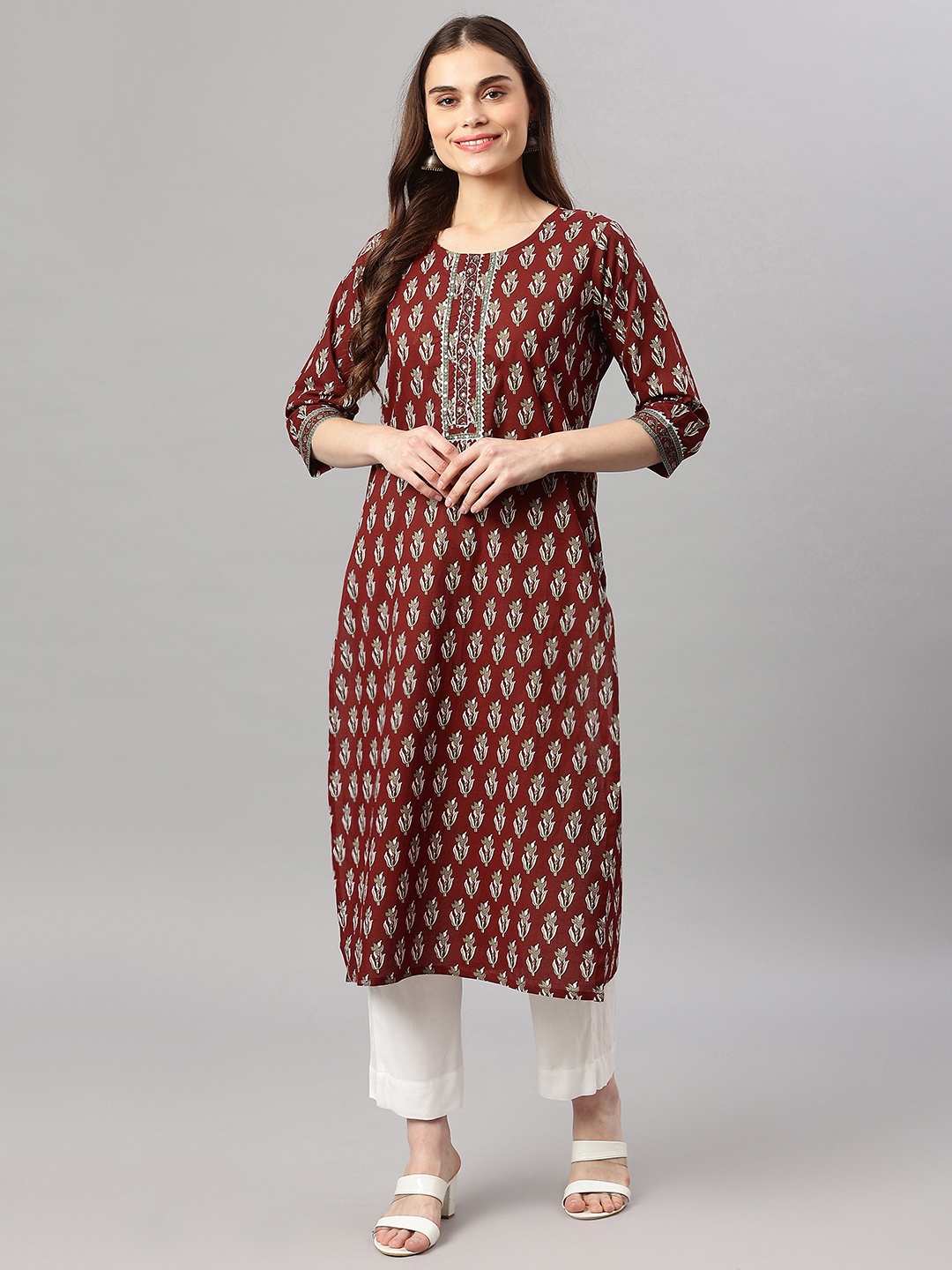 

Readiprint Fashions Women Maroon & Green Floral Printed Pure Cotton Kurta