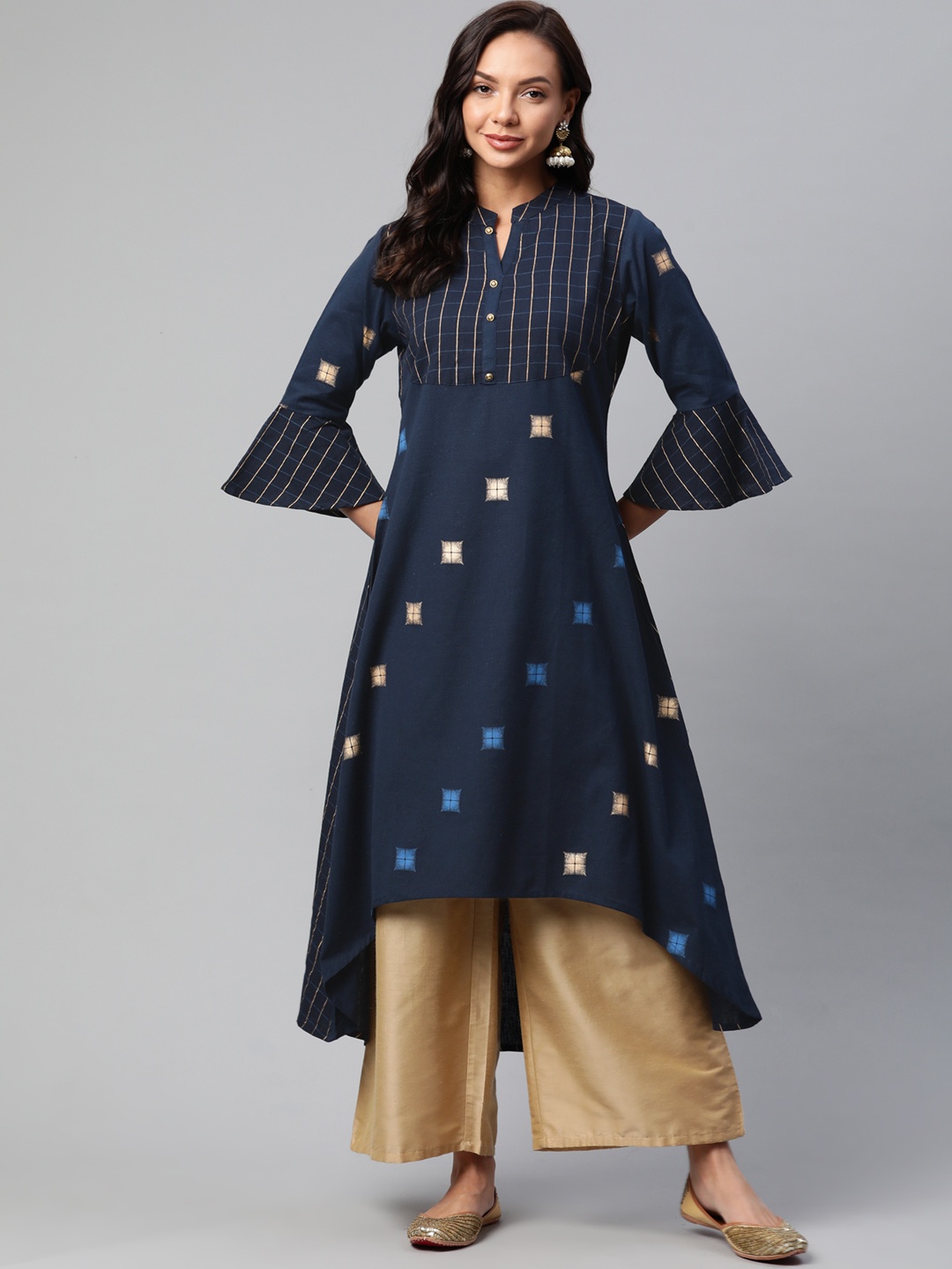 

Readiprint Fashions Women Navy Blue Geometric Printed Flared Sleeves Indigo Kurta