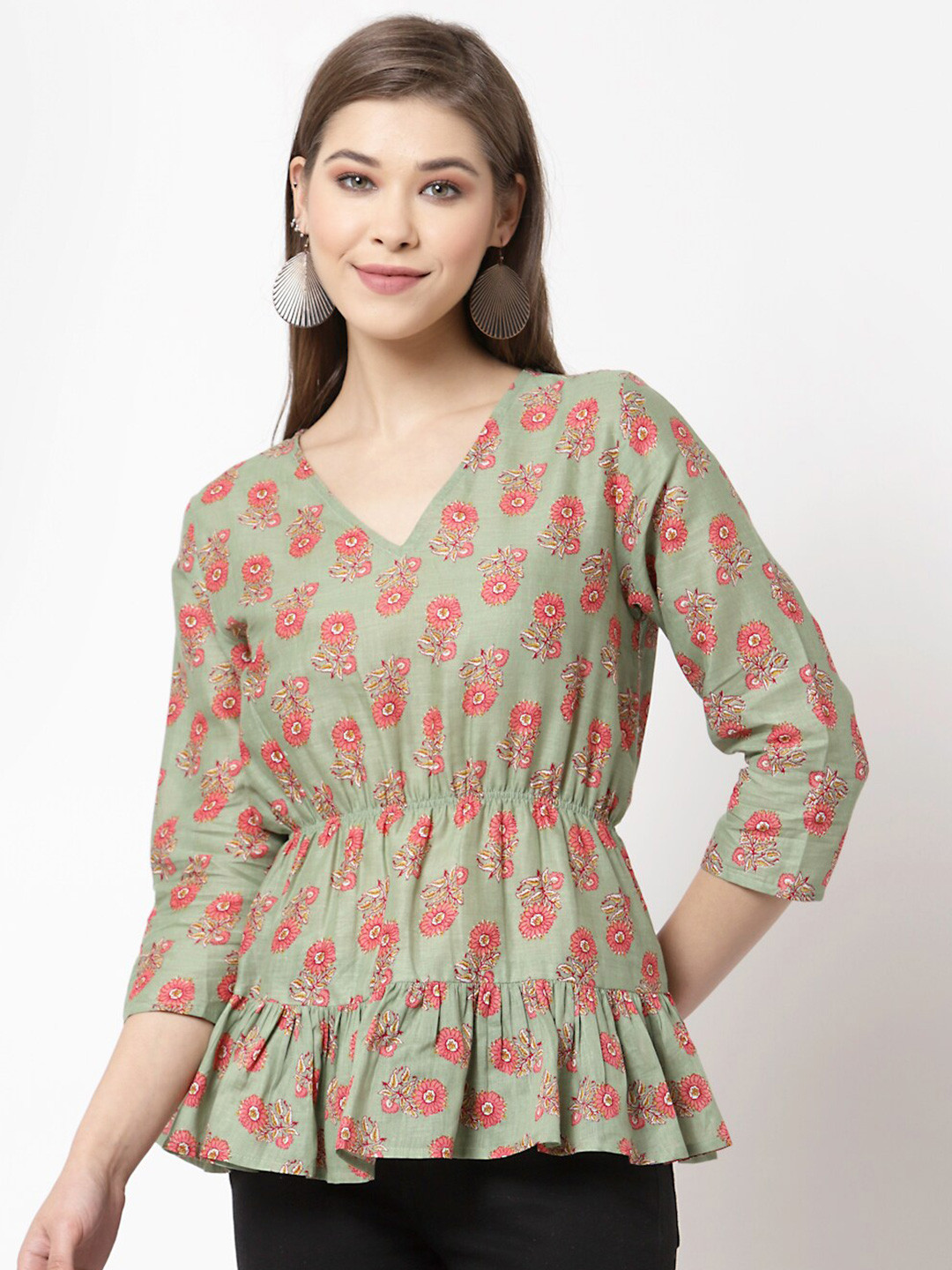 

Myshka Women Green Cotton Floral Print Cinched Waist Top