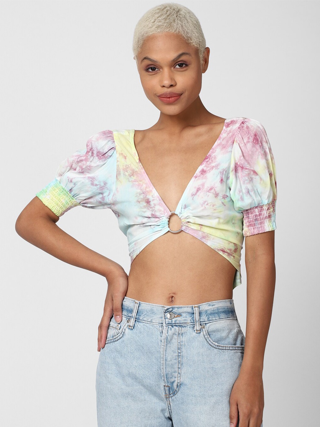 

FOREVER 21 Women Yellow & Teal Tie and Dye Print Blouson Crop Top