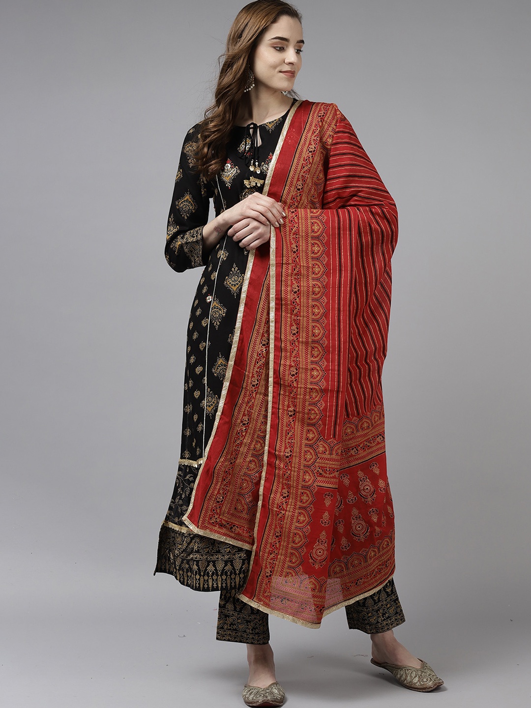 

Indo Era Women Black Ethnic Motifs Printed Beads and Stones Kurta with Trousers & With Dupatta