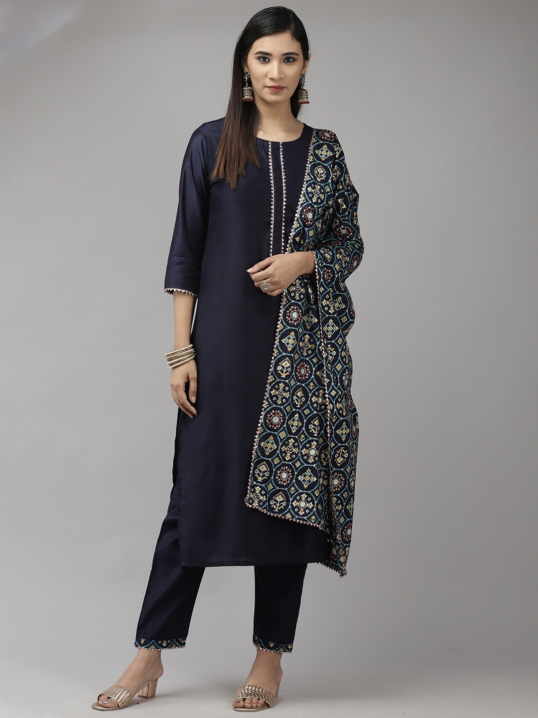 

Indo Era Round Neck Gotta Patti Kurta With Trousers & Dupatta, Navy blue