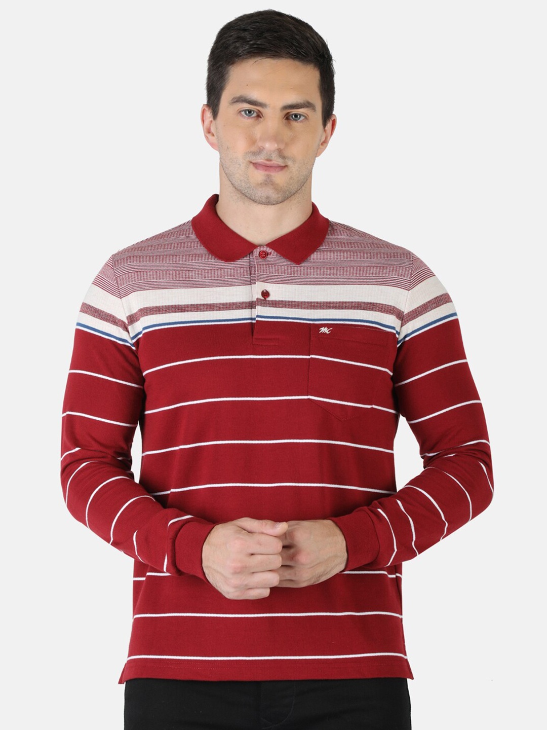 

Monte Carlo Men Maroon & White Striped Polo Collar Pockets T-shirt