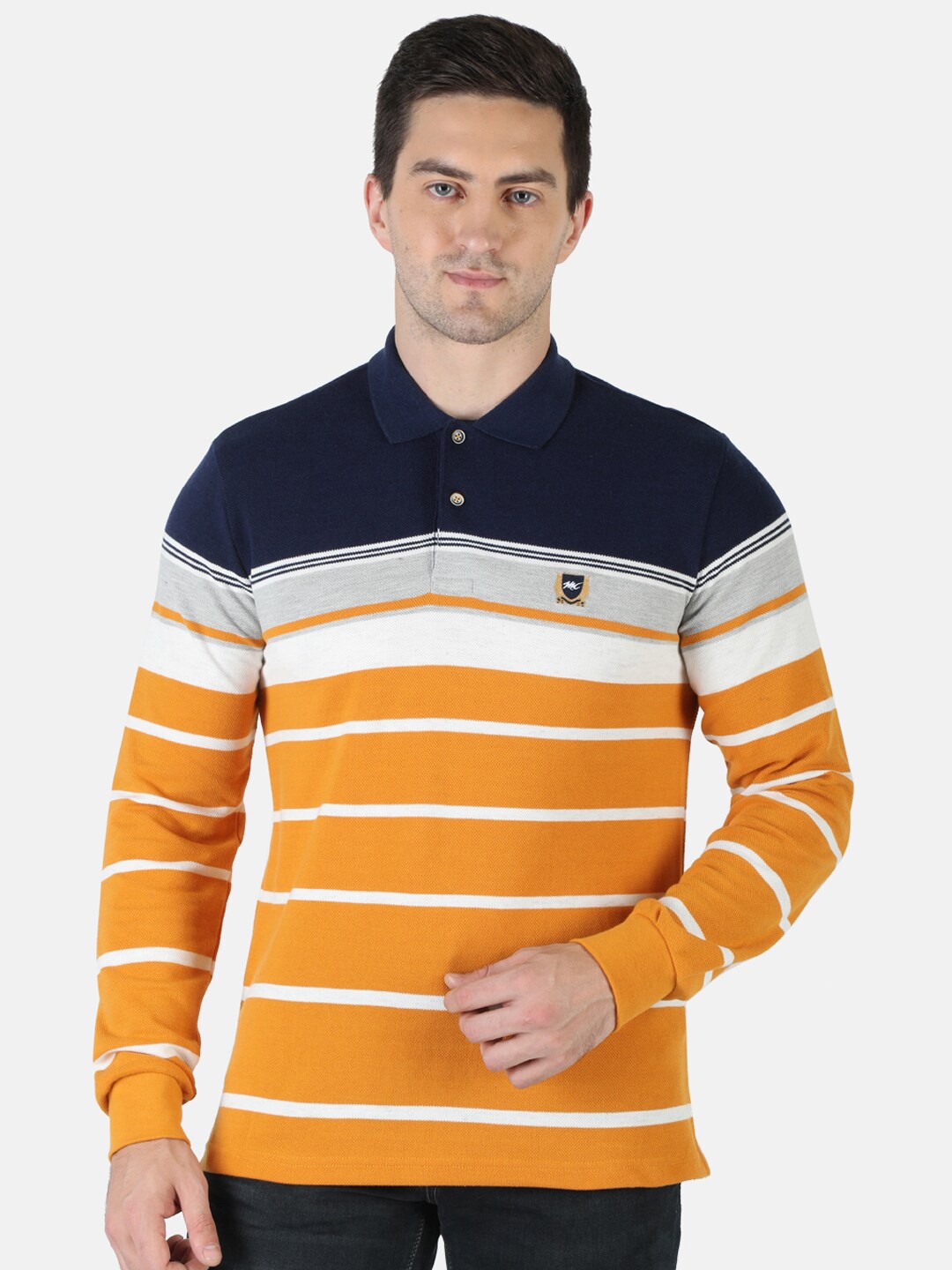 

Monte Carlo Men Mustard Yellow & Navy Blue Striped Regular Fit Polo Collar T-shirt
