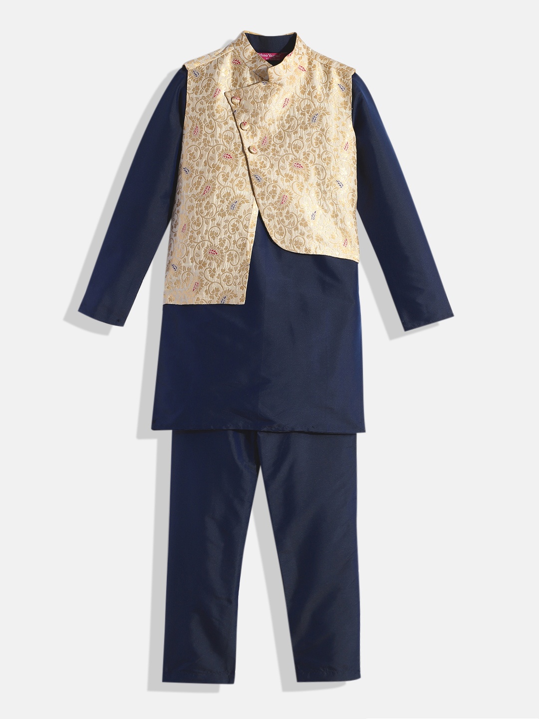 

Ethnovog Boys Navy Blue Solid Made to Measure Kurta with Pyjamas Jacquard Nehru Jacket