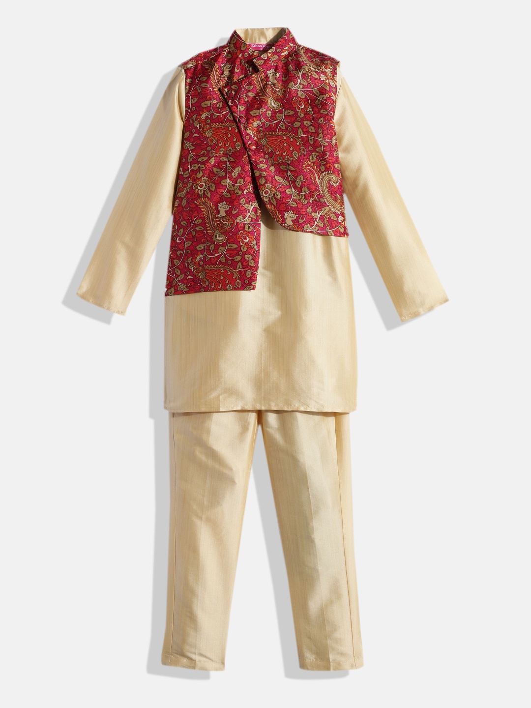 

Ethnovog Boys Beige Solid Made to Measure Kurta Kurta Pyjamas Asymmetric Nehru Jacket