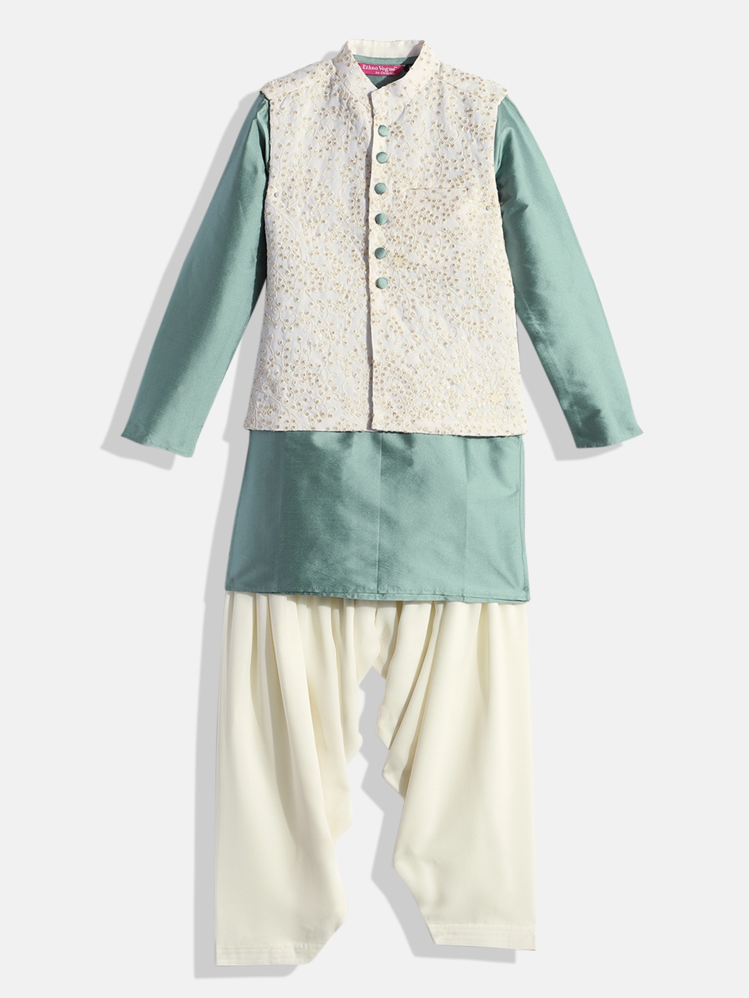 

Ethnovog Boys Green Solid Made to Measure Kurta with Salwar Sequinned Nehru Jacket