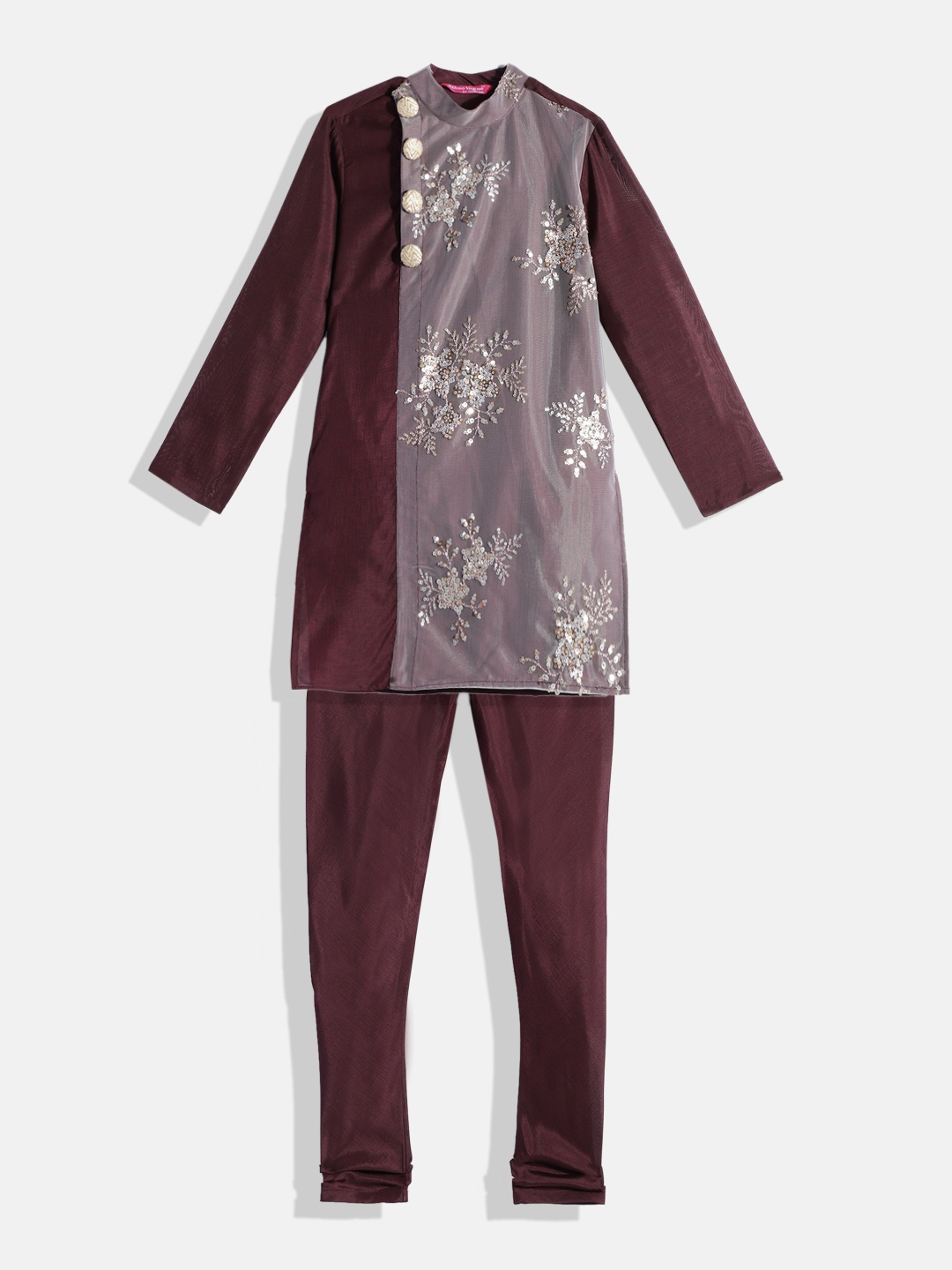 

Ethnovog Boys Maroon Grey Made To Measure Sequined Kurta with Pyjamas