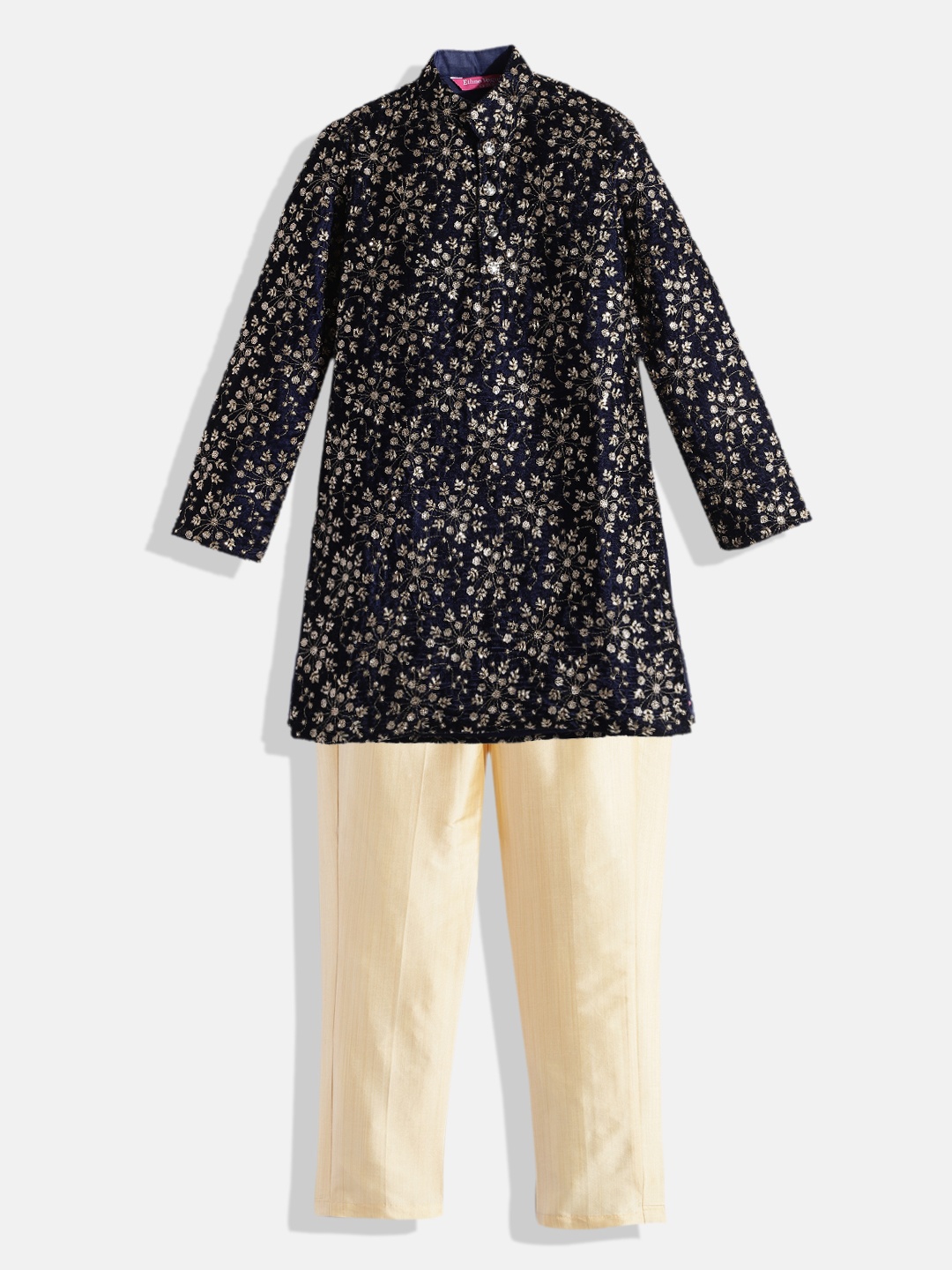 

Ethnovog Boys Navy Blue Beige Made To Measure Sequined Velvet Kurta with Pyjamas