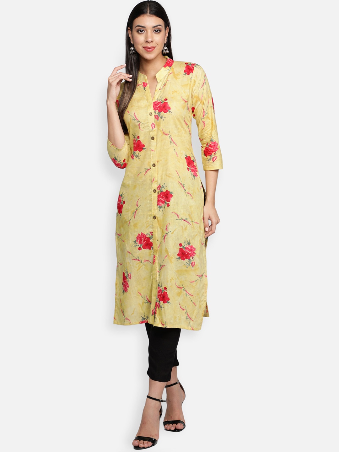 

Fabclub Women Yellow Floral Printed Cotton Kurta