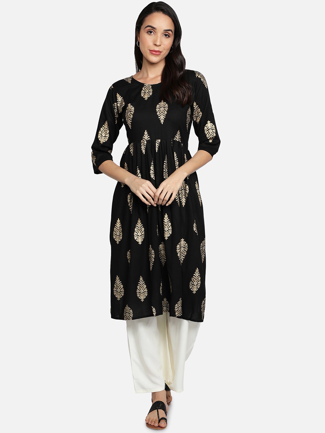 

Fabclub Women Black Ethnic Motifs Foil Printed Kurta