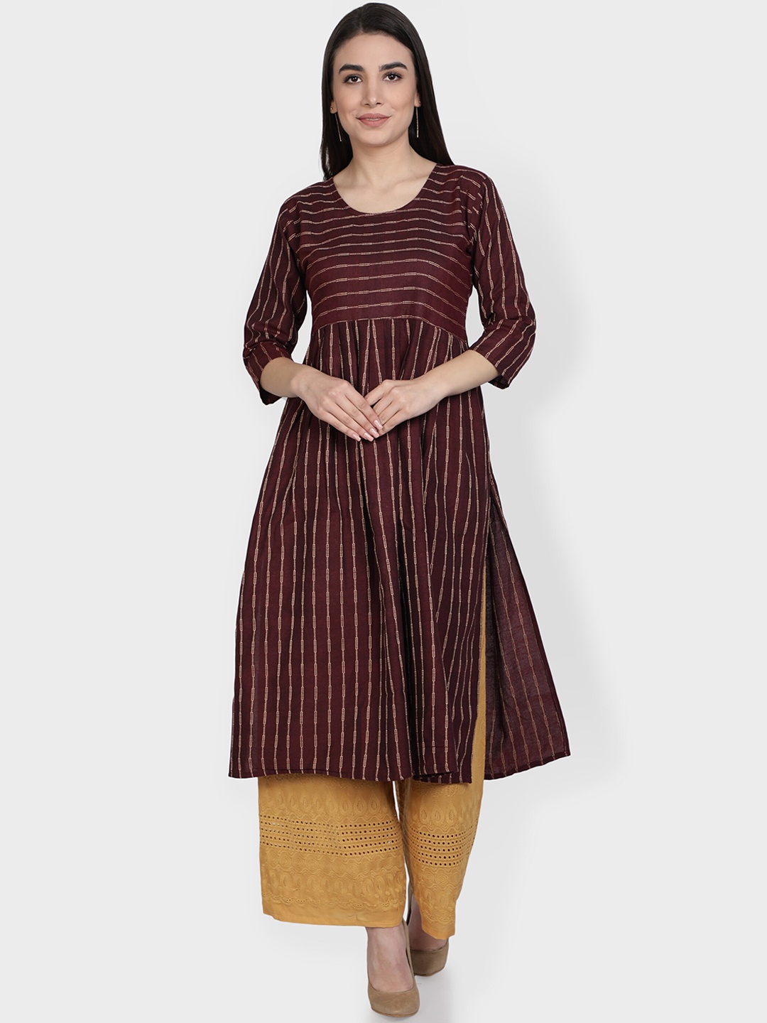 

Fabclub Women Burgundy & Cream-Coloured Striped Dobby Cotton A-line Kurta