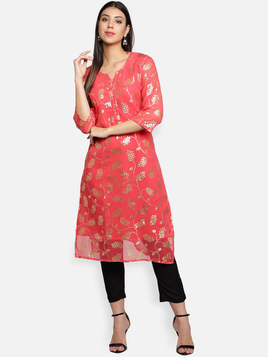 

Fabclub Women Pink & Gold Toned Floral Foil Print Georgette Kurta