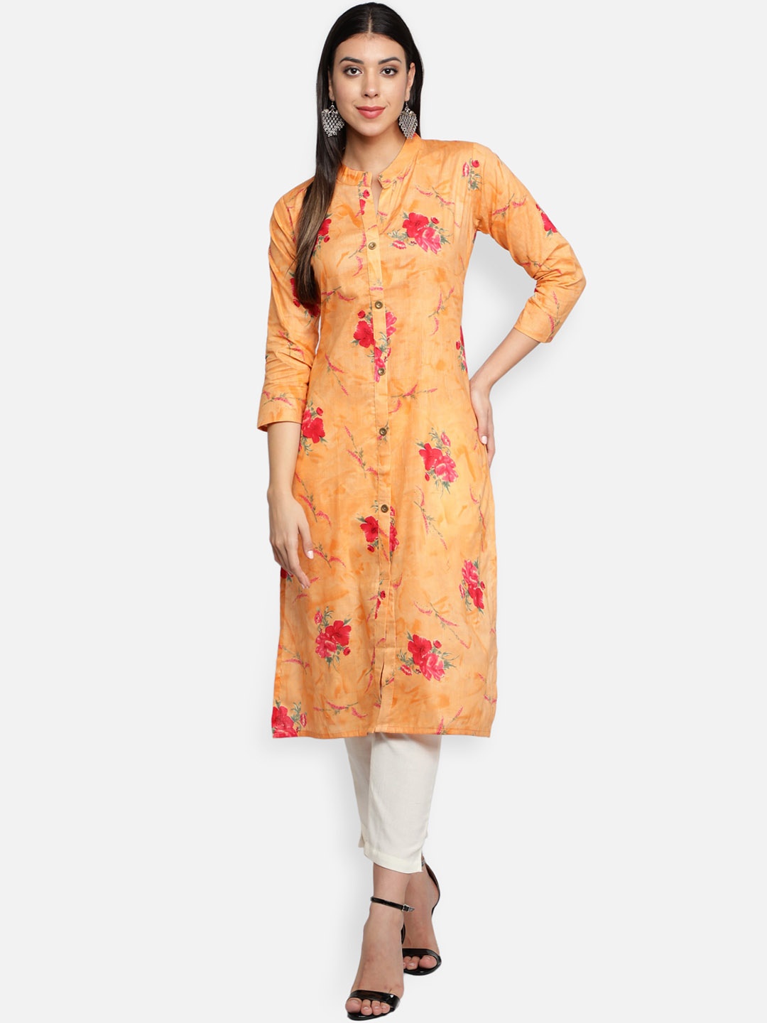 

Fabclub Women Orange Floral Printed Thread Work Kurta